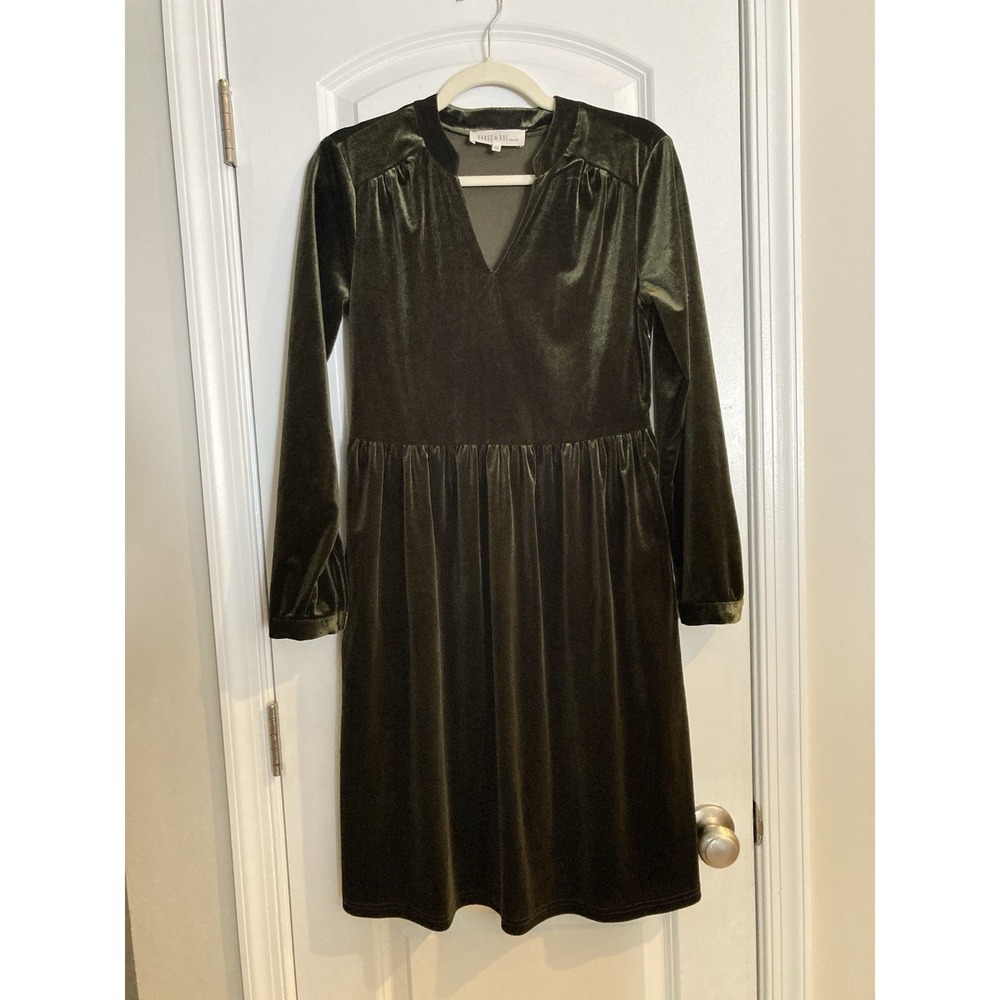 Brass & Roe Velvet Dress XS Olive Green Babydoll Flare Earthy‎ Grunge Woodland